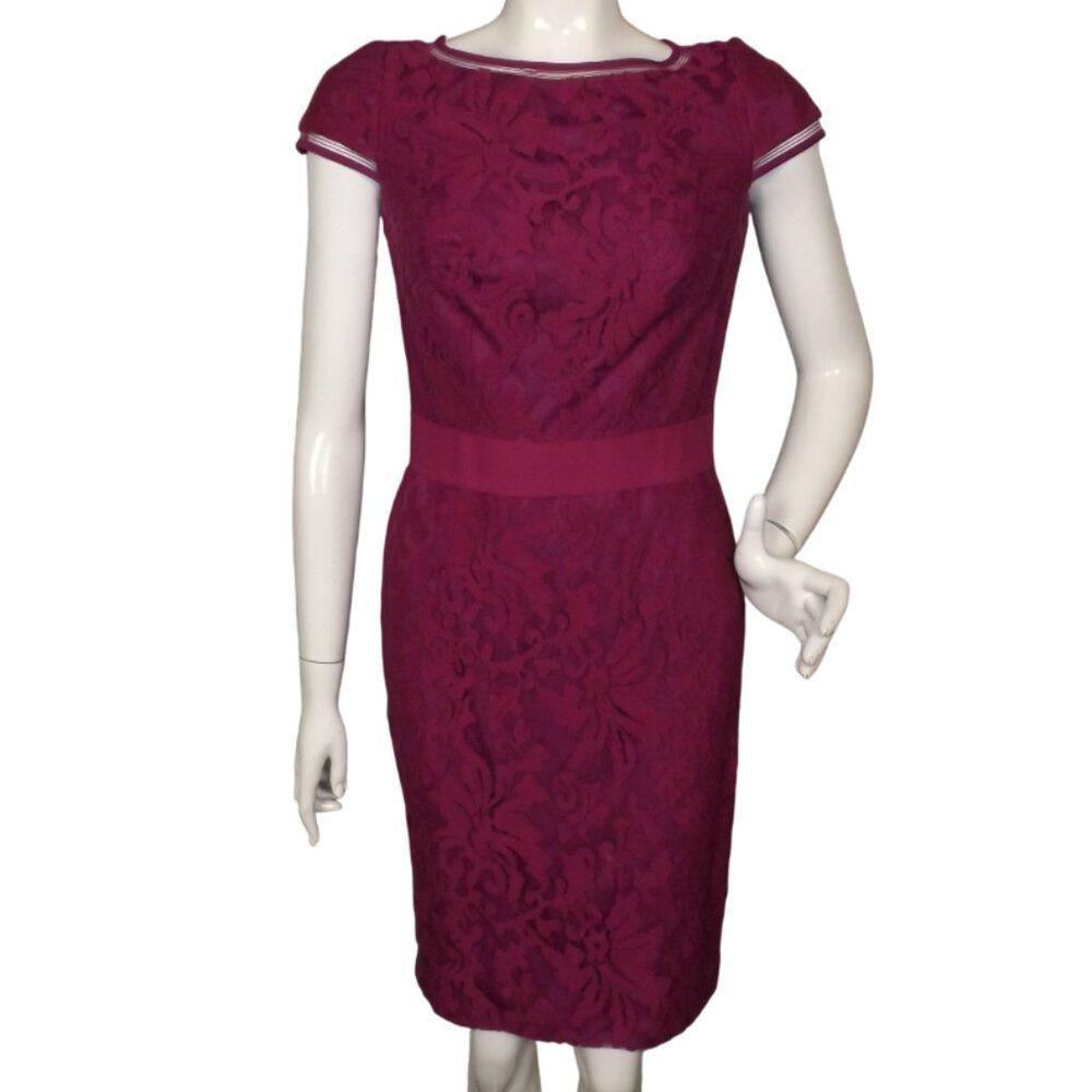 Tadashi Shoji Cocktail Dress, 4, Berry, Lace Overlay, Stretch Belt, Knee Length